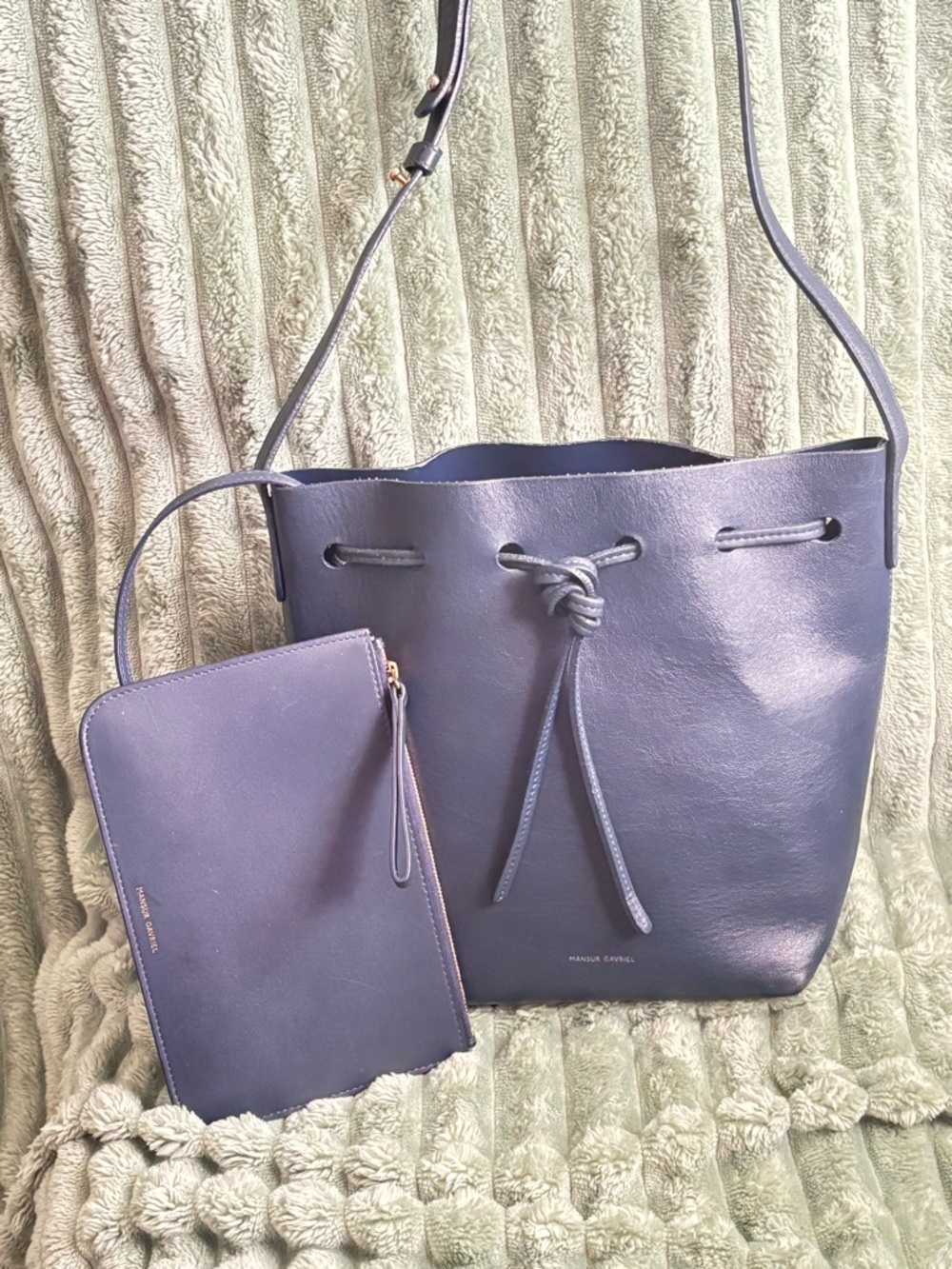 MANSUR GAVRIEL NAVY BLUE LEATHER MINI BUCKET BAG with WALLET - Picture 14 of 14